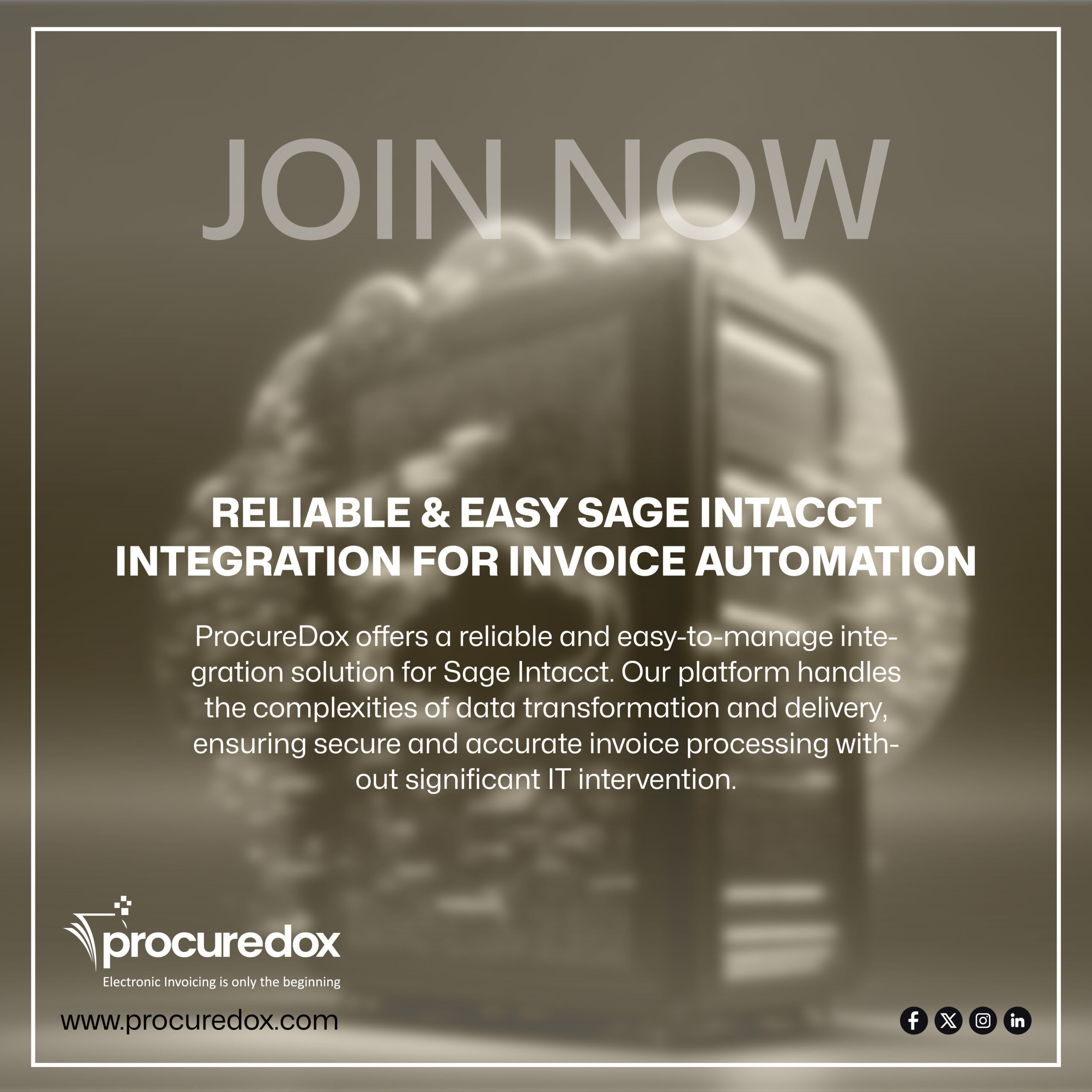 ProcureDox offers a reliable and easy-to-manage integration solution for Sage Intacct. Our platform handles the complexities of data transformation and delivery, ensuring secure and accurate invoice processing without significant IT intervention. ⚙️🛡️