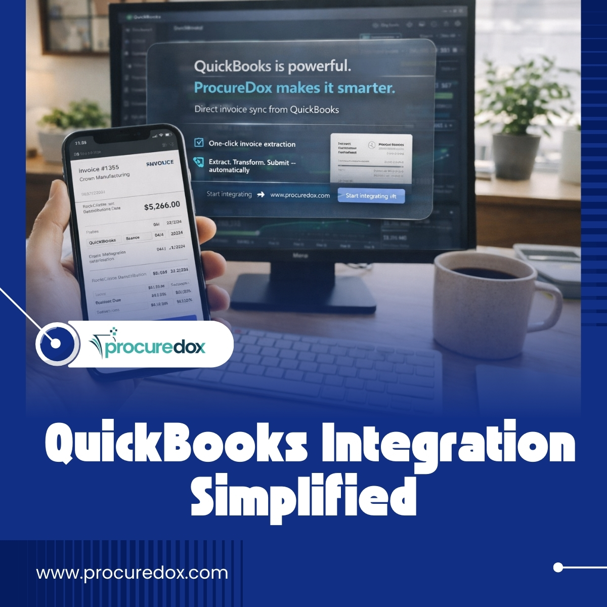 If you use QuickBooks (Desktop or Online), ProcureDox pulls your invoice data directly and transforms it for any customer portal — no downloads, uploads, or manual edits.
